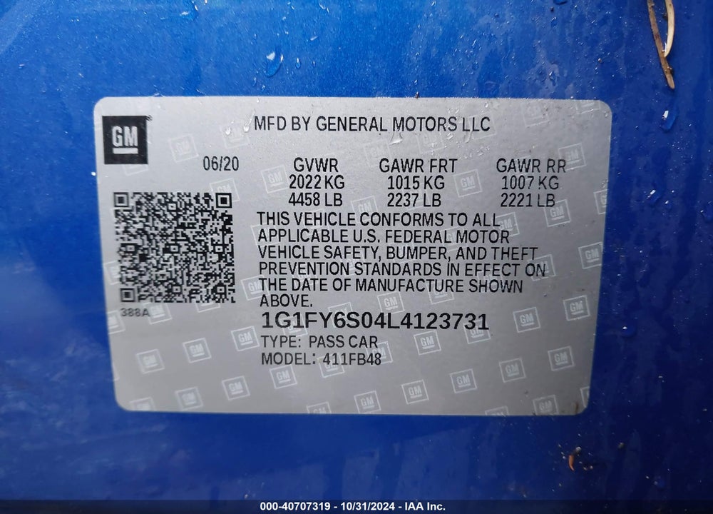 2020 CHEVROLET BOLT EV FWD LT VIN: 1G1FY6S04L4123731