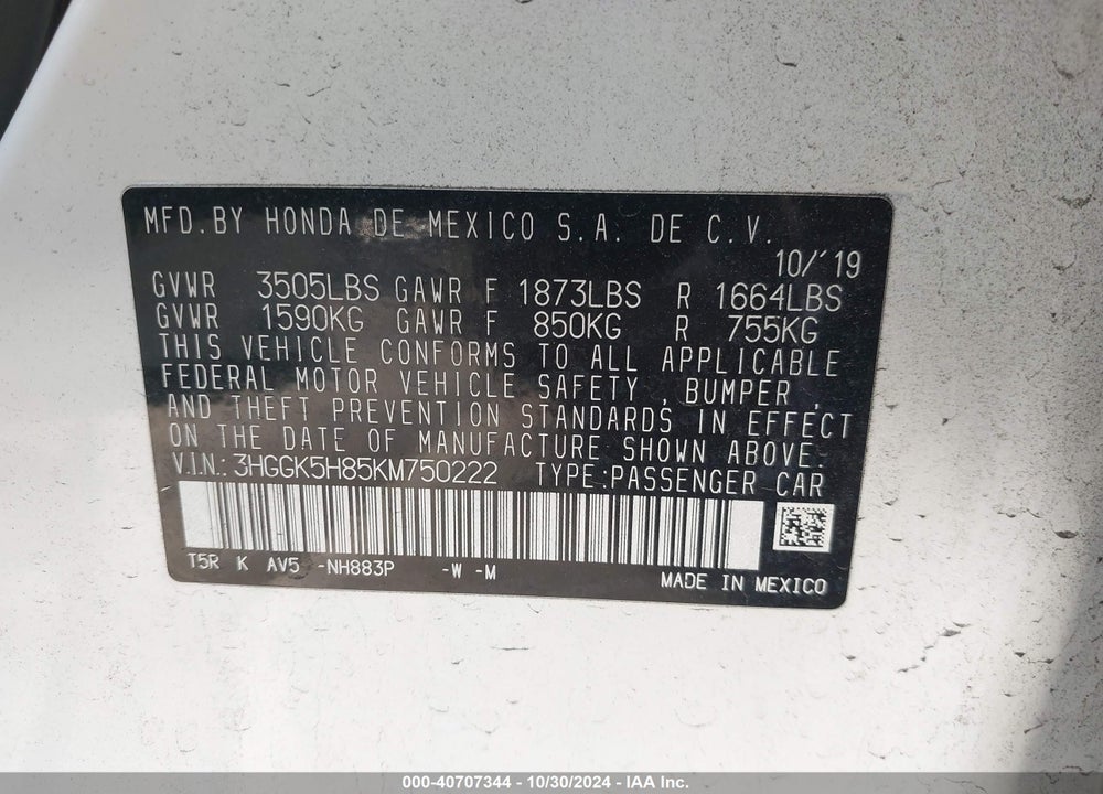 2019 HONDA FIT EX VIN: 3HGGK5H85KM750222