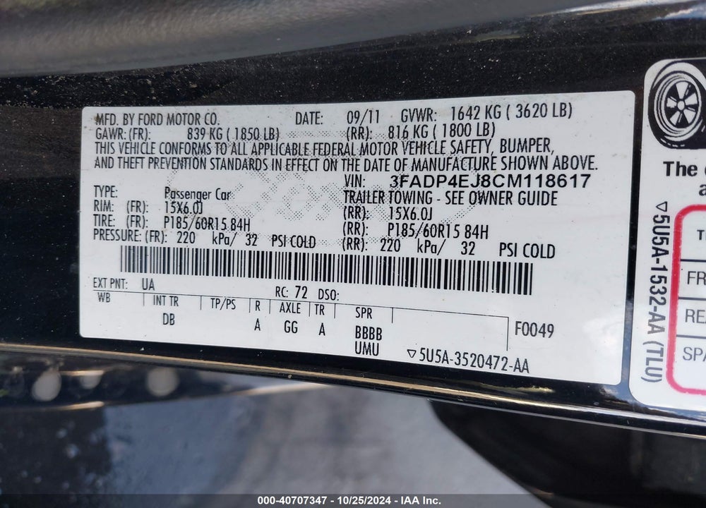 2012 FORD FIESTA SE VIN: 3FADP4EJ8CM118617