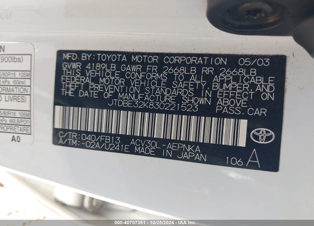 2003 TOYOTA CAMRY LE VIN: JTDBE32K830221523