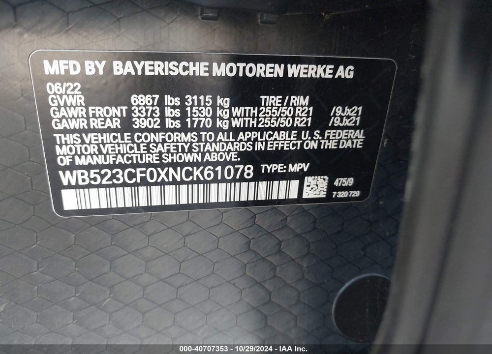 2022 BMW IX XDRIVE50 VIN: WB523CF0XNCK61078