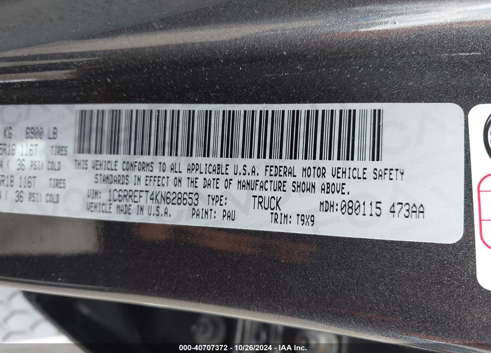 2019 RAM 1500 BIG HORN/LONE STAR 4X2 5'7 BOX VIN: 1C6RREFT4KN628653