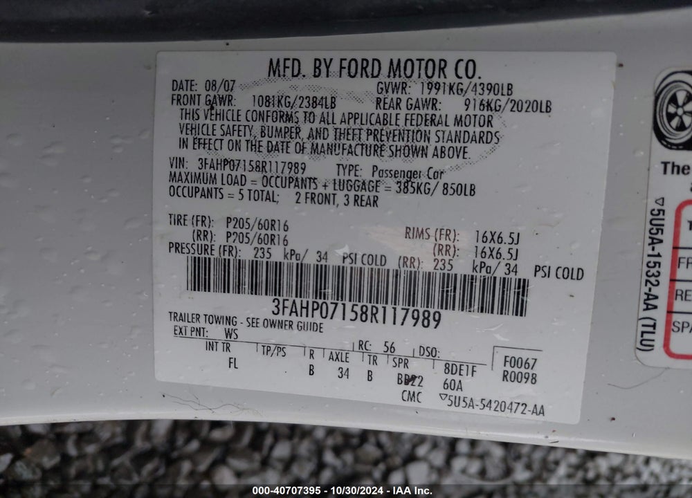 2008 FORD FUSION SE VIN: 3FAHP07158R117989