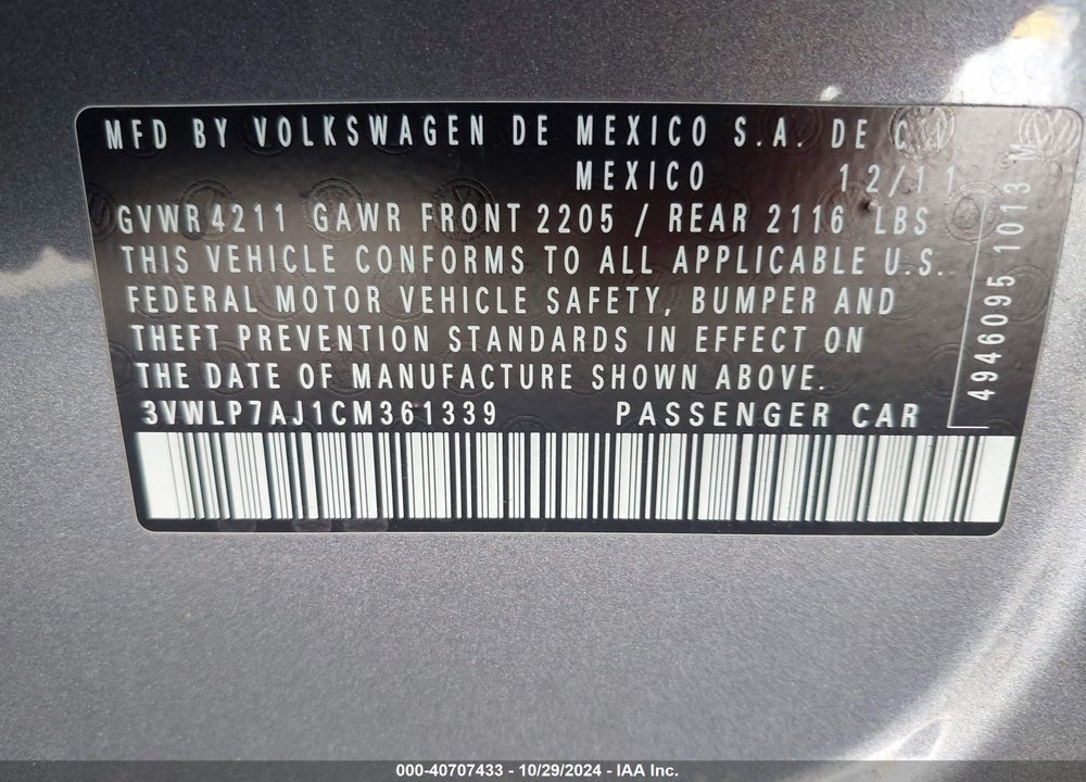 2012 VOLKSWAGEN JETTA 2.5L SEL VIN: 3VWLP7AJ1CM361339