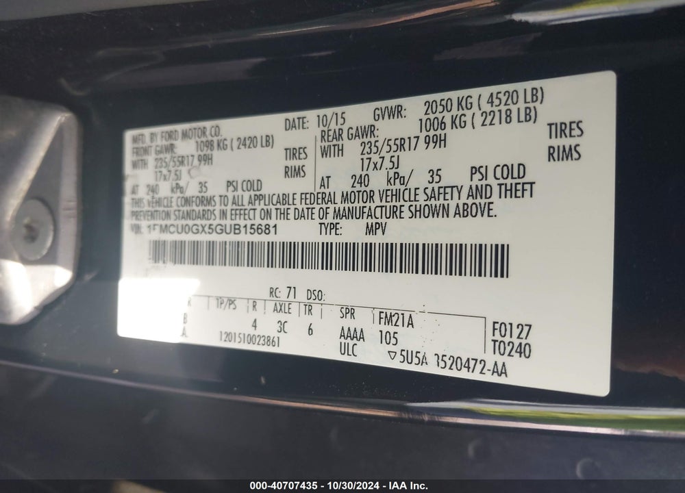 2016 FORD ESCAPE SE VIN: 1FMCU0GX5GUB15681
