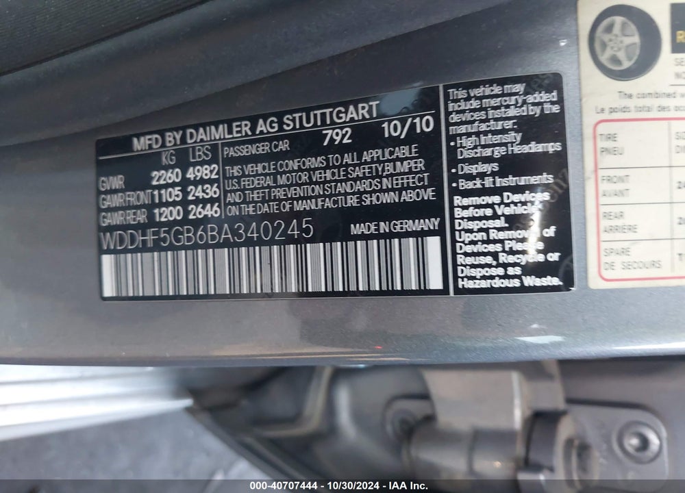 2011 MERCEDES-BENZ E 350 VIN: WDDHF5GB6BA340245