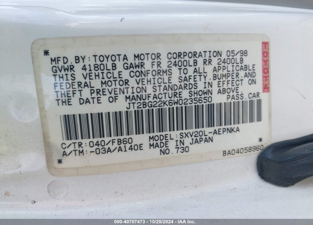 1998 TOYOTA CAMRY LE VIN: JT2BG22K6W0235650