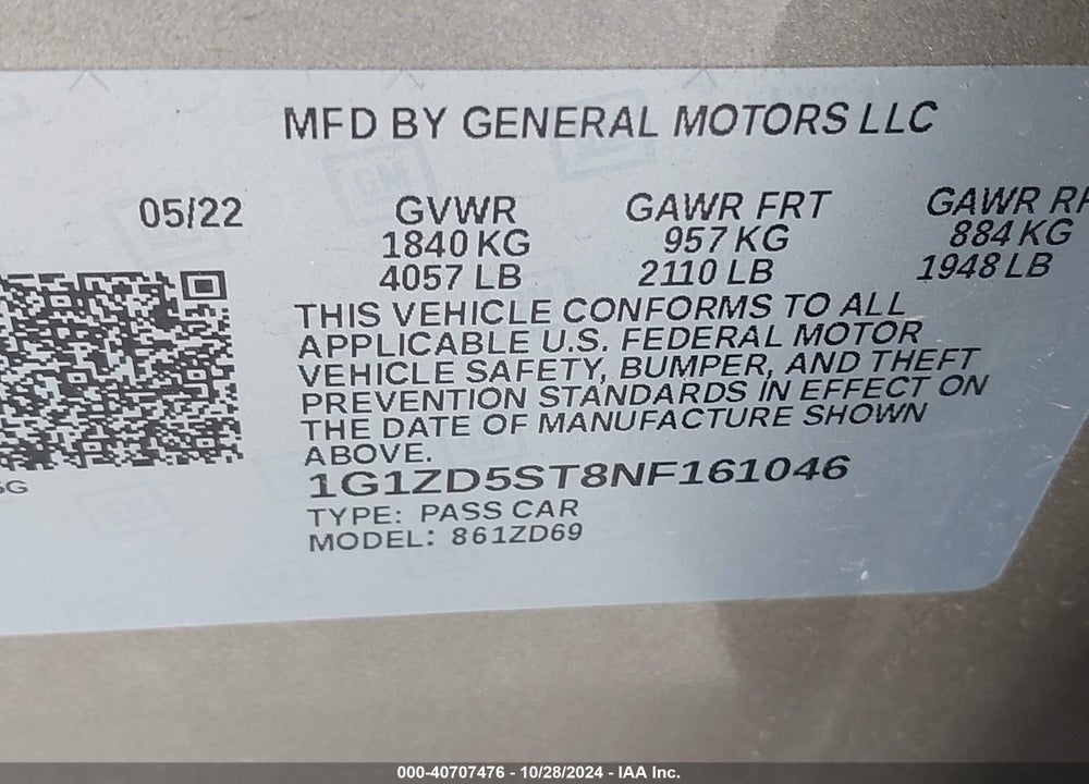 2022 CHEVROLET MALIBU FWD LT VIN: 1G1ZD5ST8NF161046