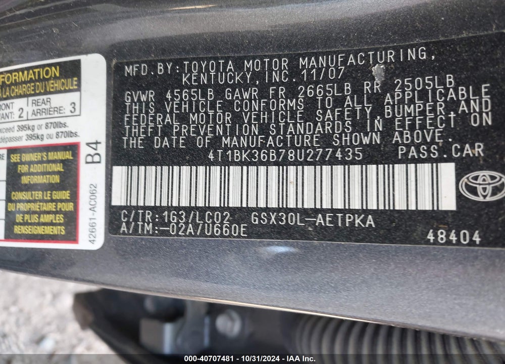 2008 TOYOTA AVALON LIMITED VIN: 4T1BK36B78U277435