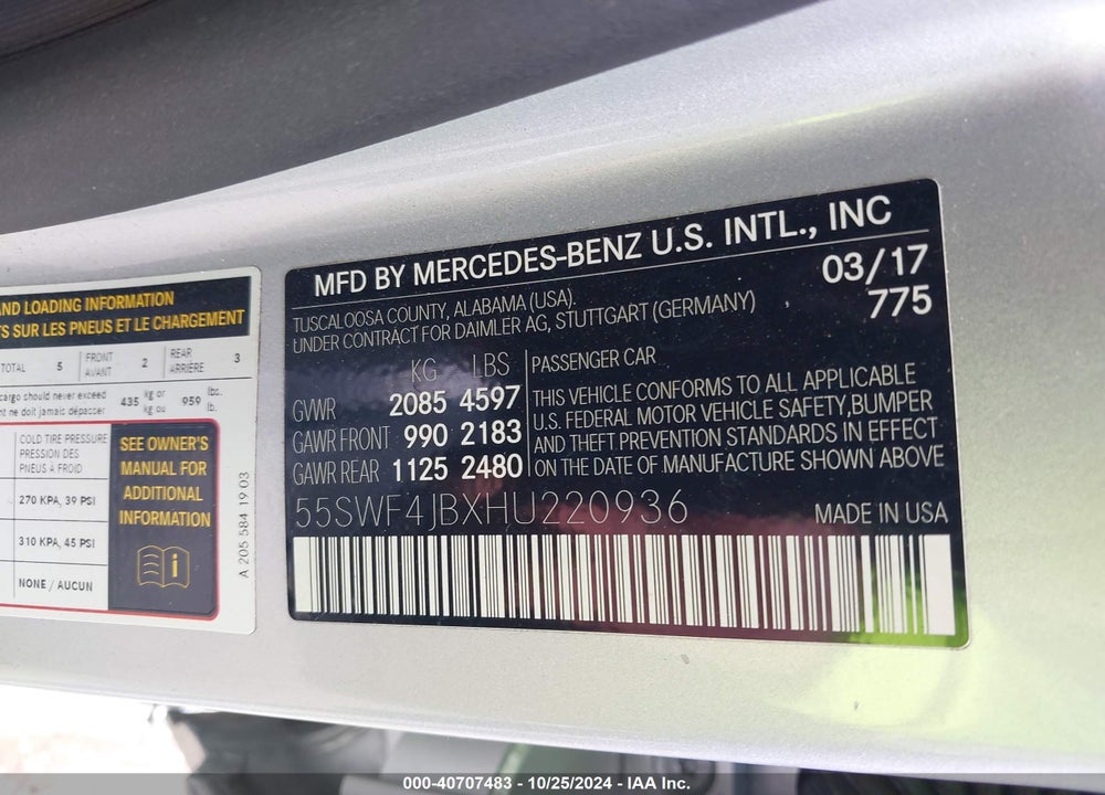 2017 MERCEDES-BENZ C 300 LUXURY/SPORT VIN: 55SWF4JBXHU220936