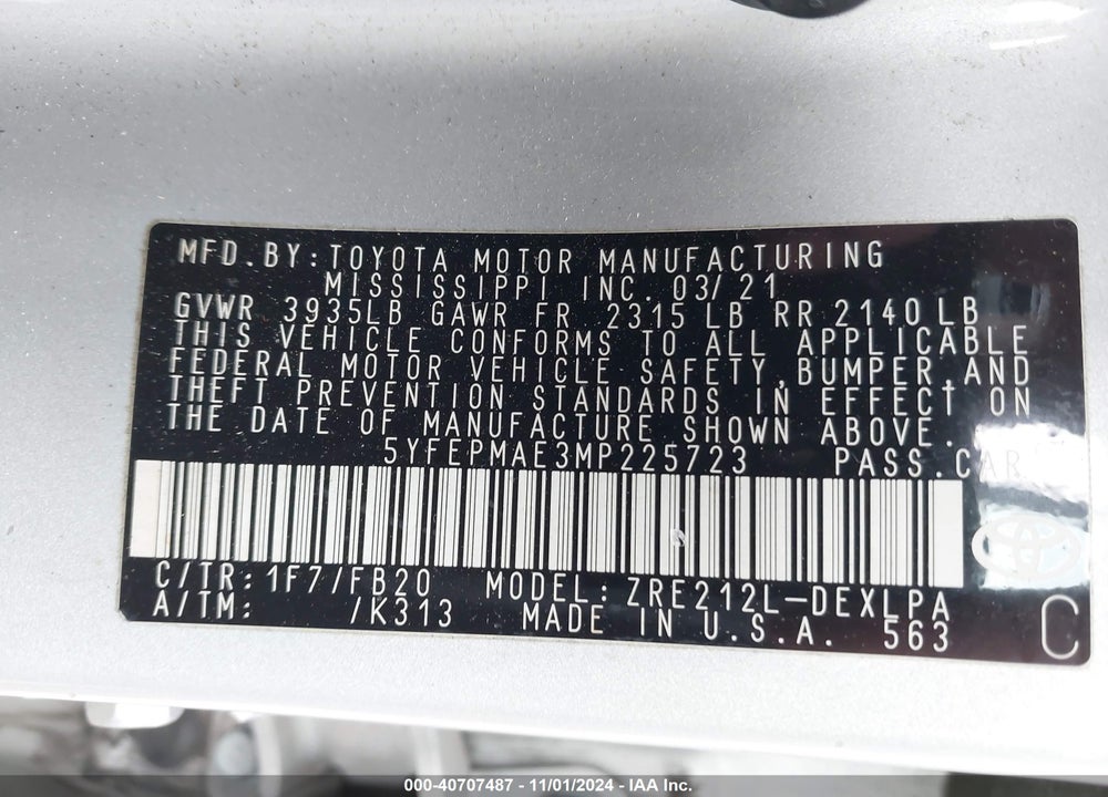 2021 TOYOTA COROLLA LE VIN: 5YFEPMAE3MP225723