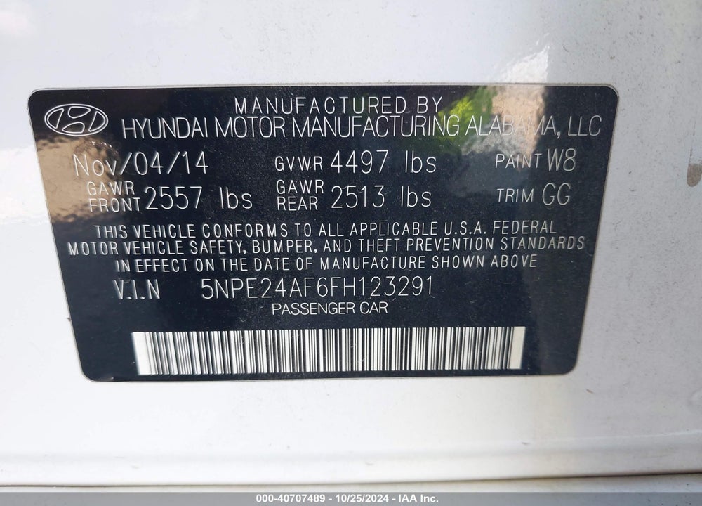 2015 HYUNDAI SONATA SE VIN: 5NPE24AF6FH123291