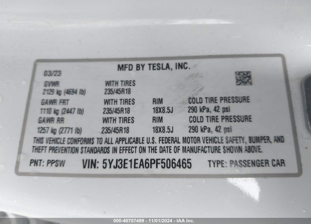 2023 TESLA MODEL 3 REAR-WHEEL DRIVE VIN: 5YJ3E1EA6PF506465