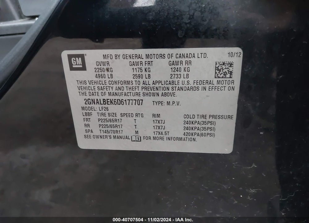 2013 CHEVROLET EQUINOX LS VIN: 2GNALBEK6D6177707
