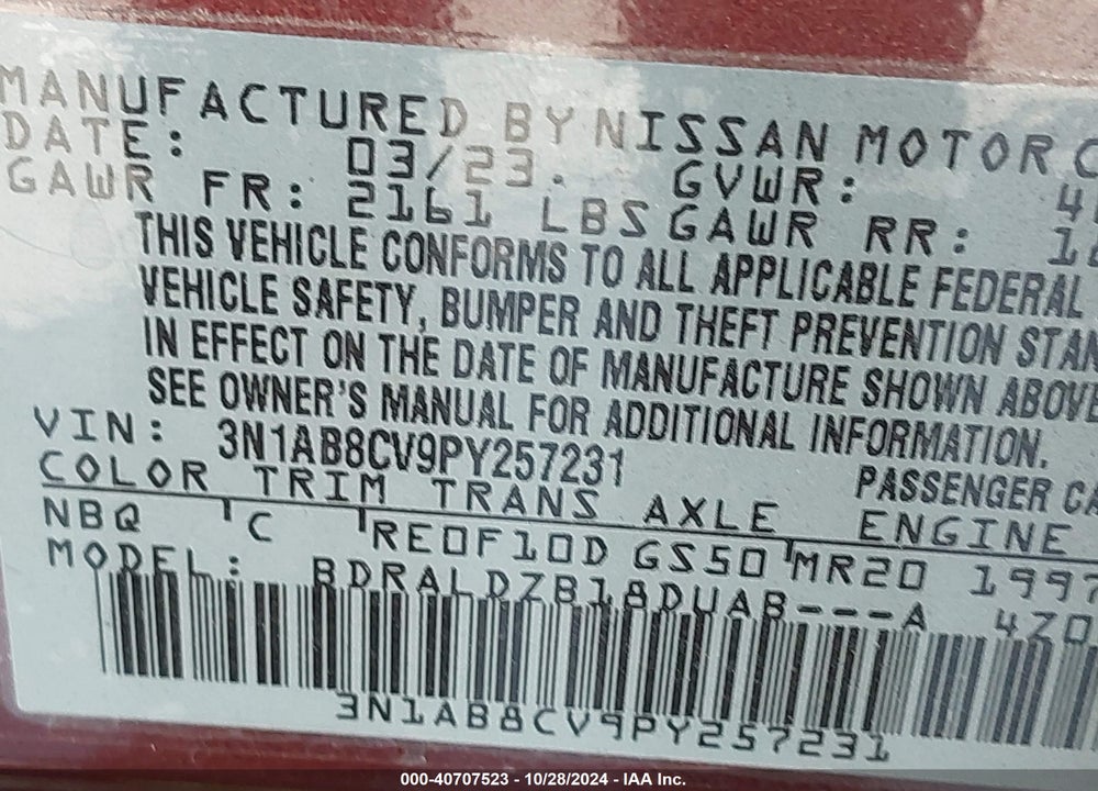 2023 NISSAN SENTRA SV XTRONIC CVT VIN: 3N1AB8CV9PY257231