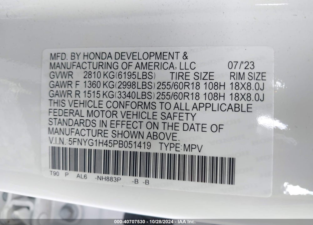 2023 HONDA PILOT EXL VIN: 5FNYG1H45PB051419