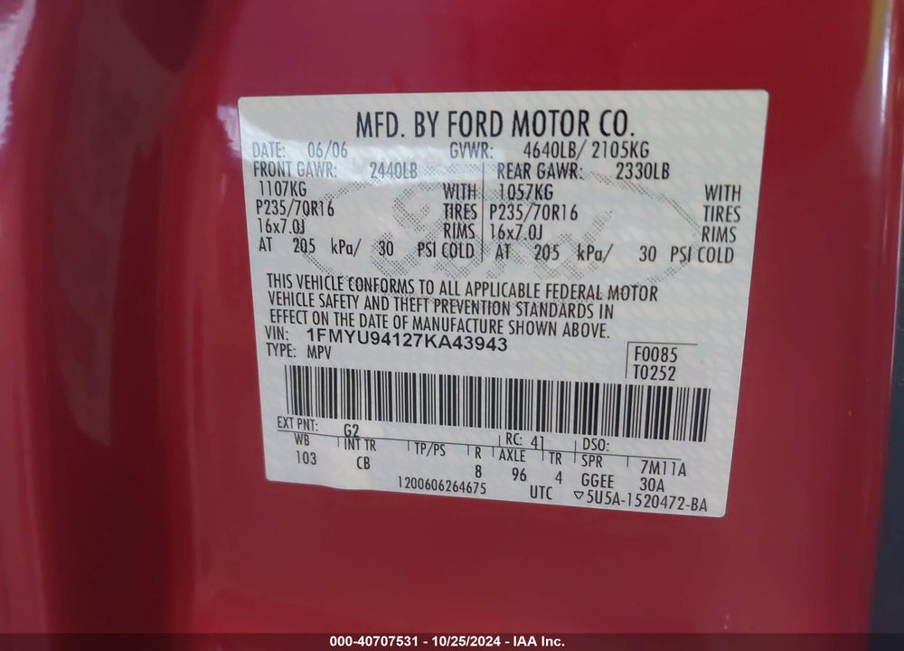 2007 FORD ESCAPE LIMITED VIN: 1FMYU94127KA43943
