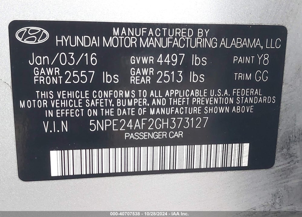 2016 HYUNDAI SONATA SE VIN: 5NPE24AF2GH373127