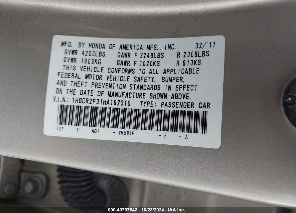 2017 HONDA ACCORD LX VIN: 1HGCR2F31HA162310