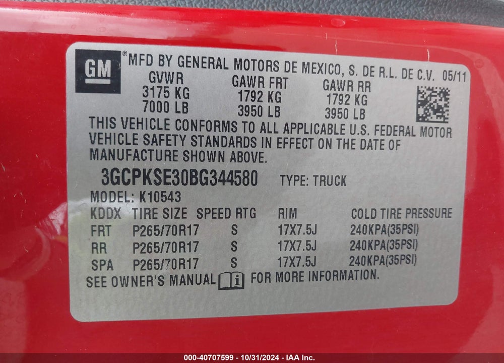 2011 CHEVROLET SILVERADO 1500 LT VIN: 3GCPKSE30BG344580