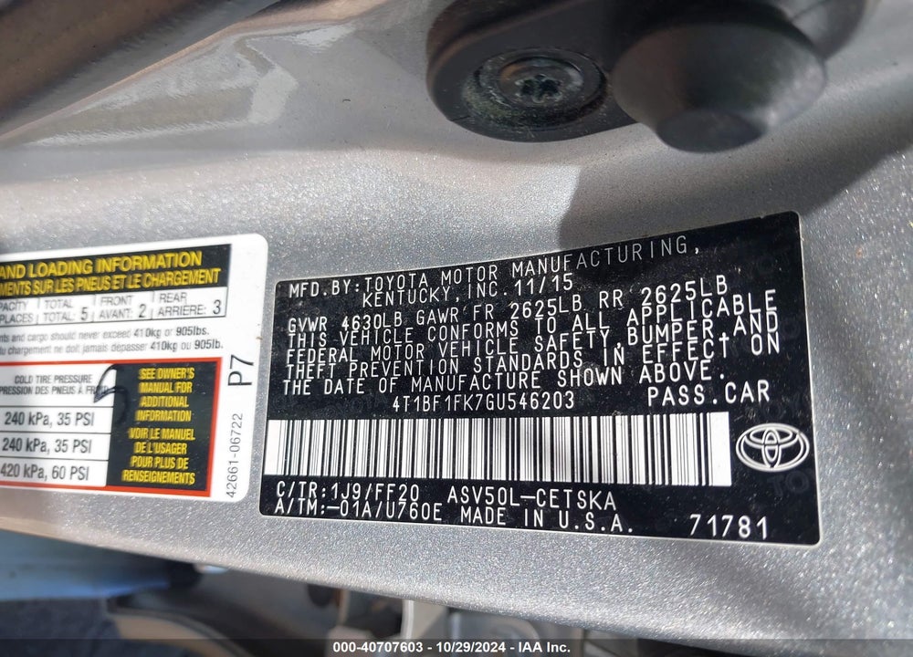 2016 TOYOTA CAMRY SE VIN: 4T1BF1FK7GU546203