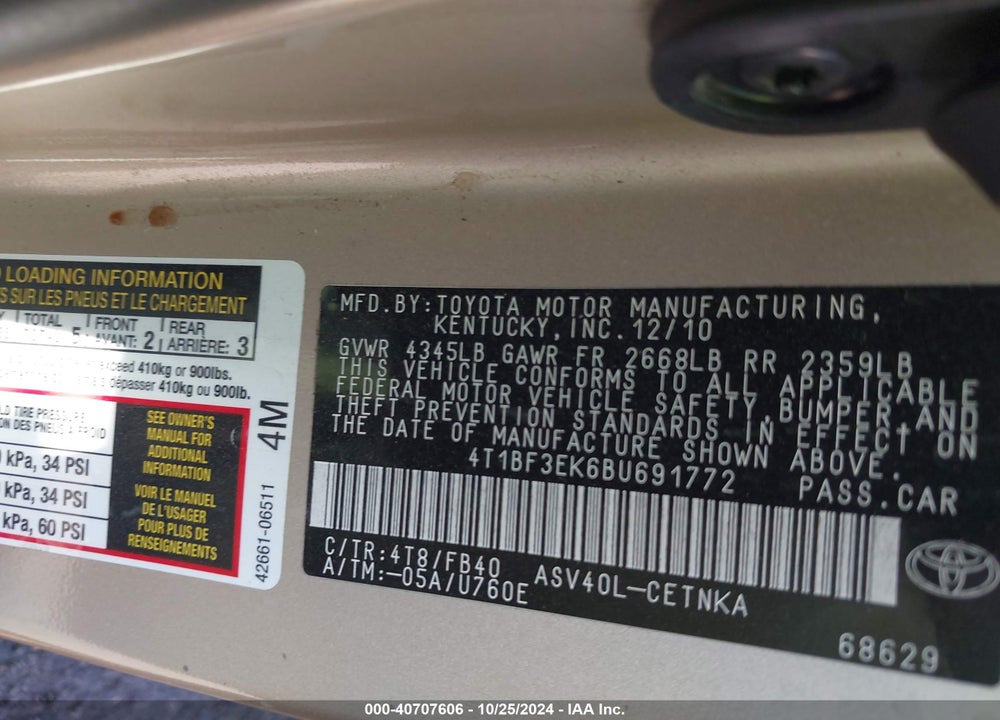 2011 TOYOTA CAMRY LE VIN: 4T1BF3EK6BU691772