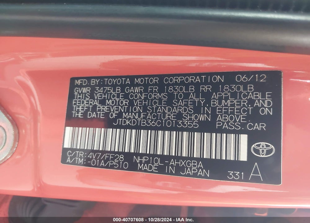 2012 TOYOTA PRIUS C FOUR/ONE/THREE/TWO VIN: JTDKDTB36C1013355