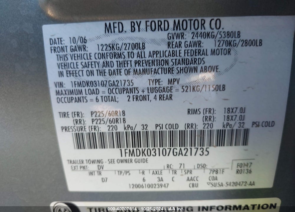 2007 FORD FREESTYLE LIMITED VIN: 1FMDK03107GA21735