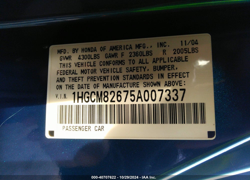 2005 HONDA ACCORD 3.0 EX VIN: 1HGCM82675A007337
