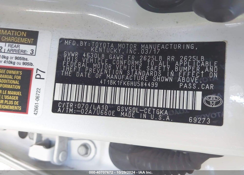 2017 TOYOTA CAMRY XLE V6 VIN: 4T1BK1FK6HU584499