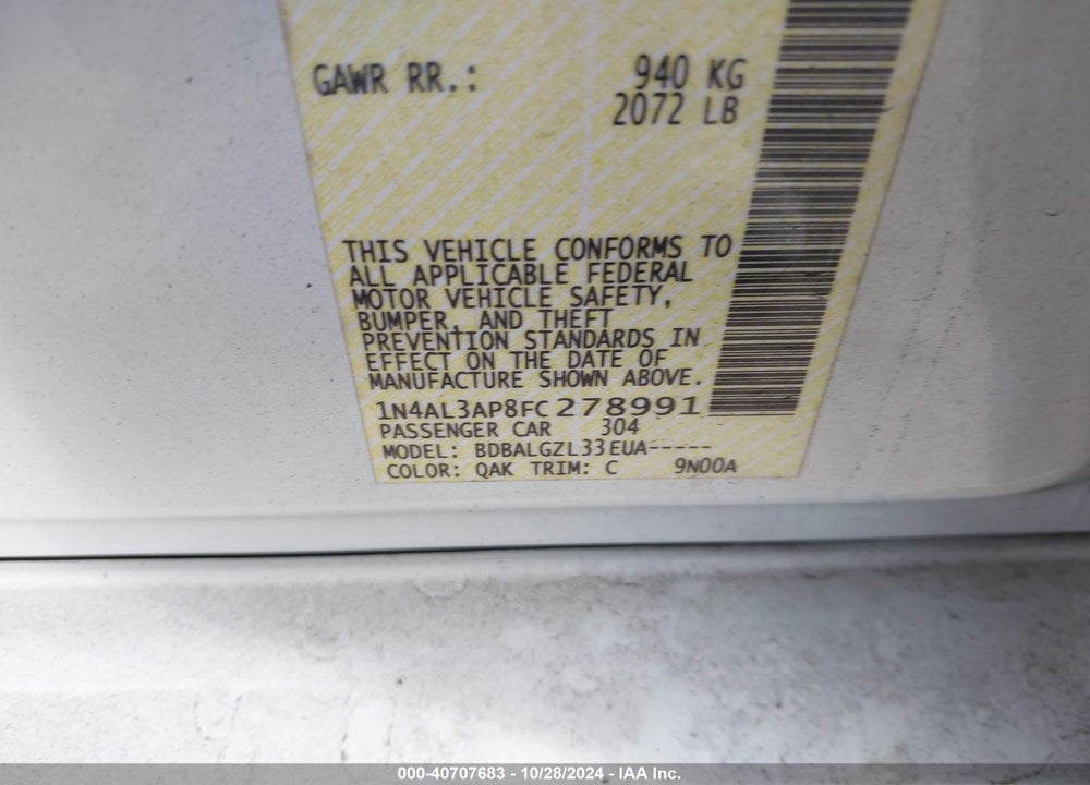 2015 NISSAN ALTIMA 2.5 S VIN: 1N4AL3AP8FC278991