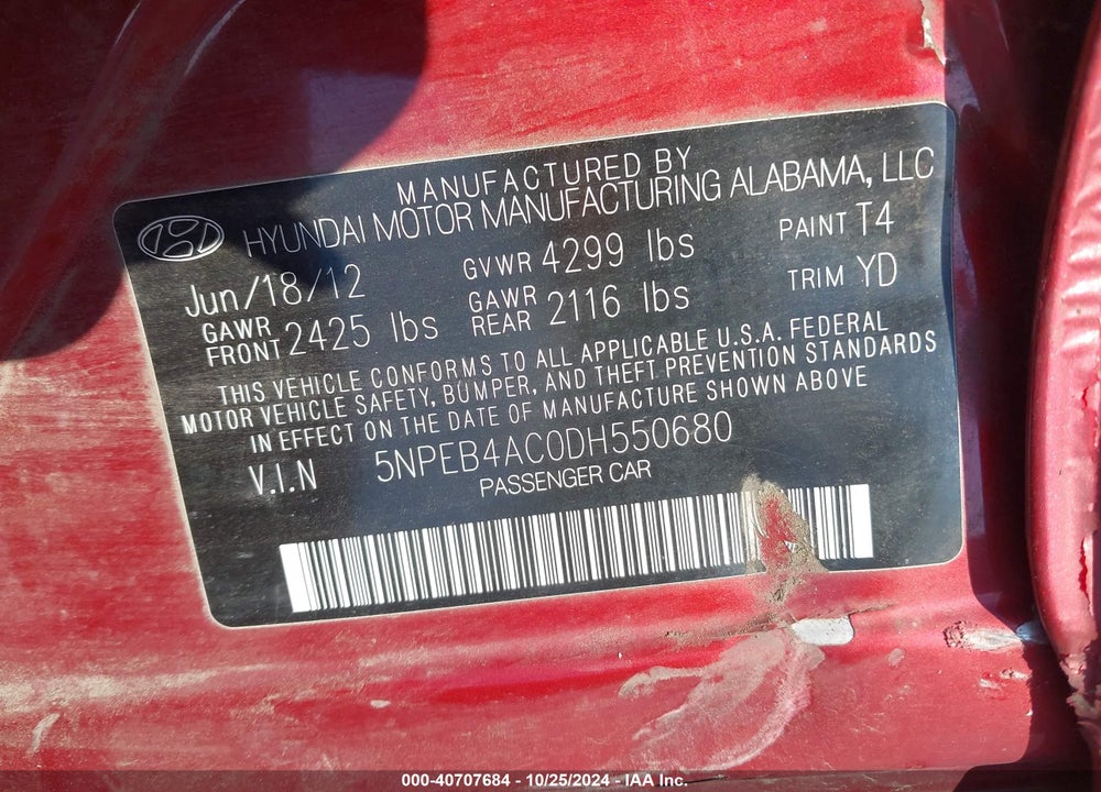 2013 HYUNDAI SONATA GLS VIN: 5NPEB4AC0DH550680