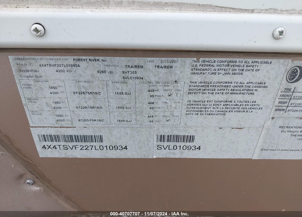 2007 FOREST RIVER TRAVEL TRAILER VIN: 4X4TSVF227L010934