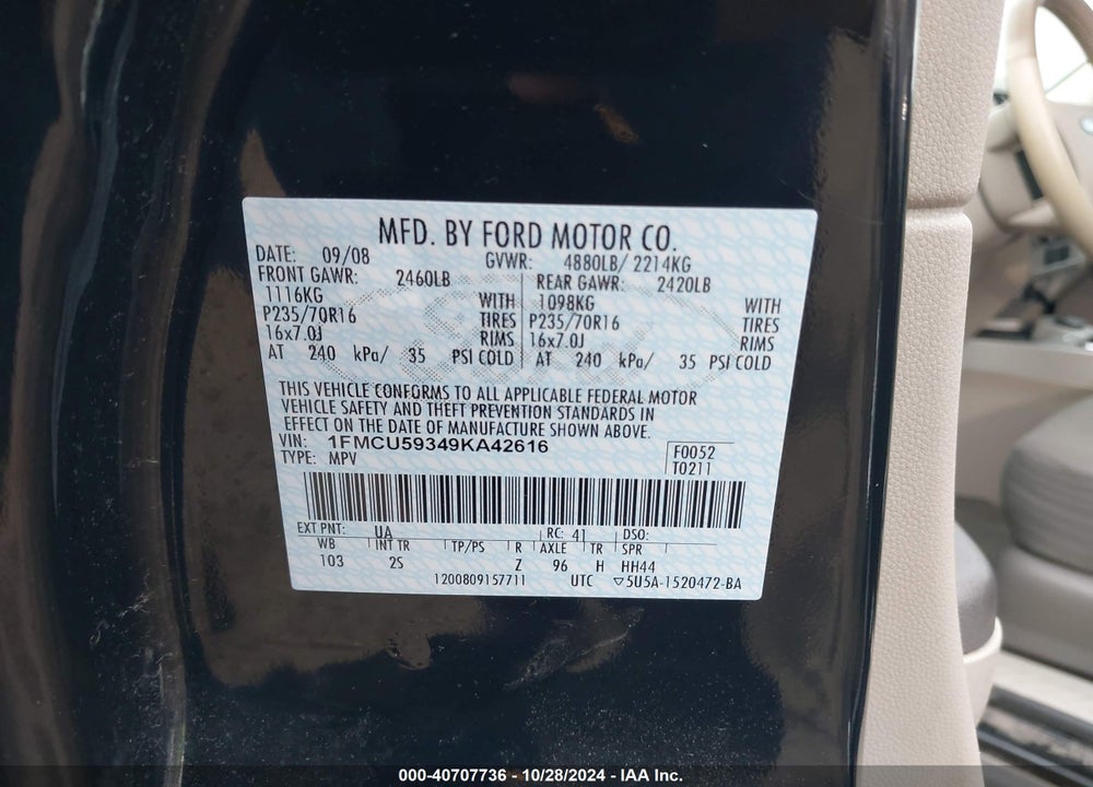 2009 FORD ESCAPE HYBRID LIMITED VIN: 1FMCU59349KA42616