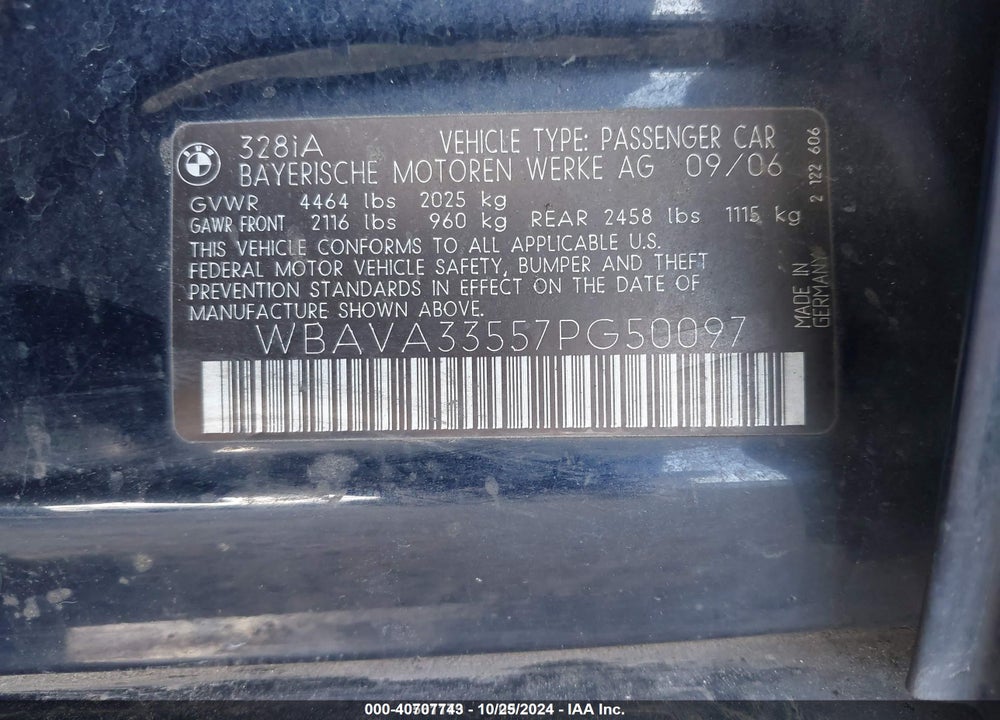 2007 BMW 328I VIN: WBAVA33557PG50097