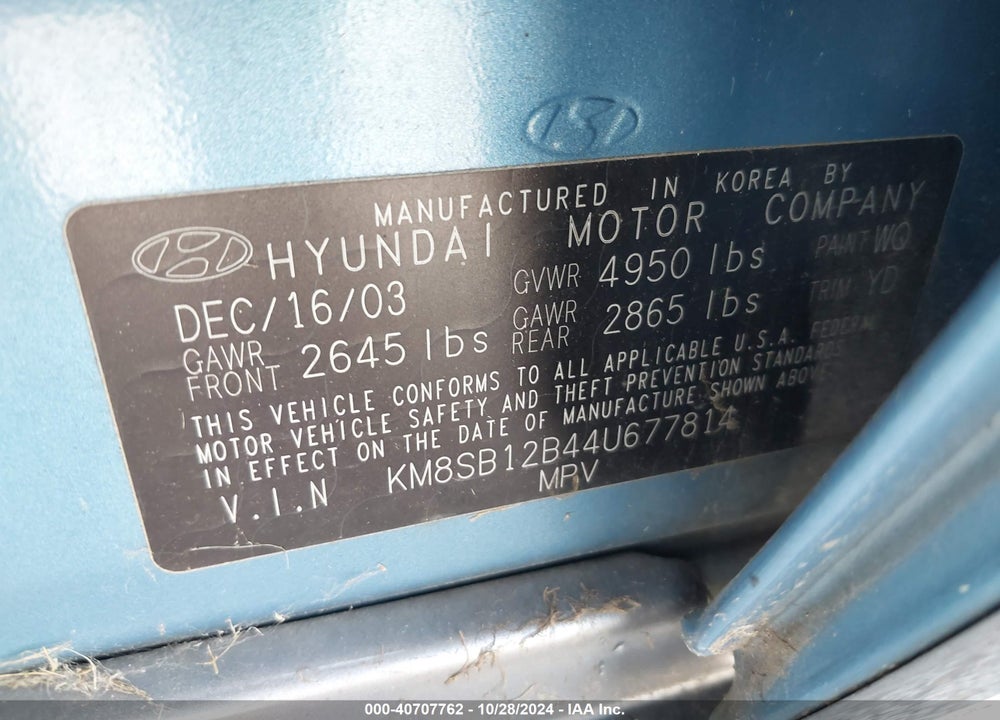 2004 HYUNDAI SANTA FE VIN: KM8SB12B44U677814