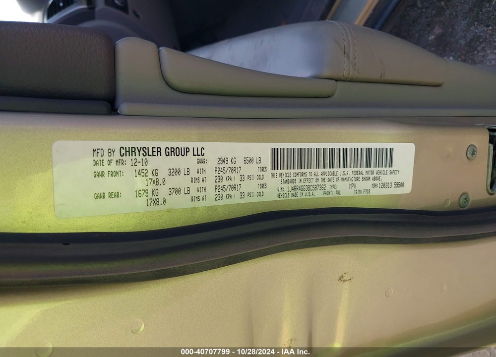 2011 JEEP GRAND CHEROKEE LAREDO VIN: 1J4RR4GG3BC587362
