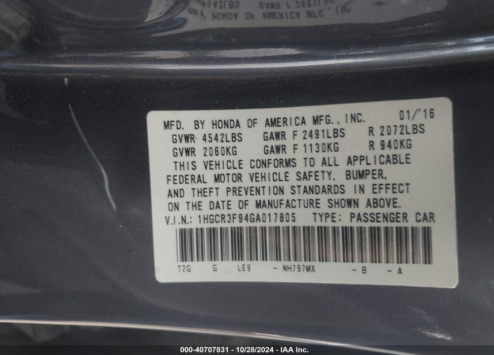 2016 HONDA ACCORD TOURING VIN: 1HGCR3F94GA017805