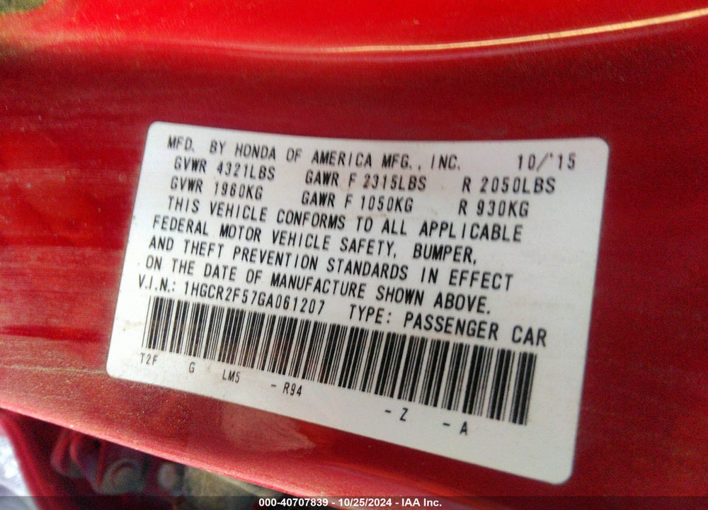 2016 HONDA ACCORD SPORT VIN: 1HGCR2F57GA061207