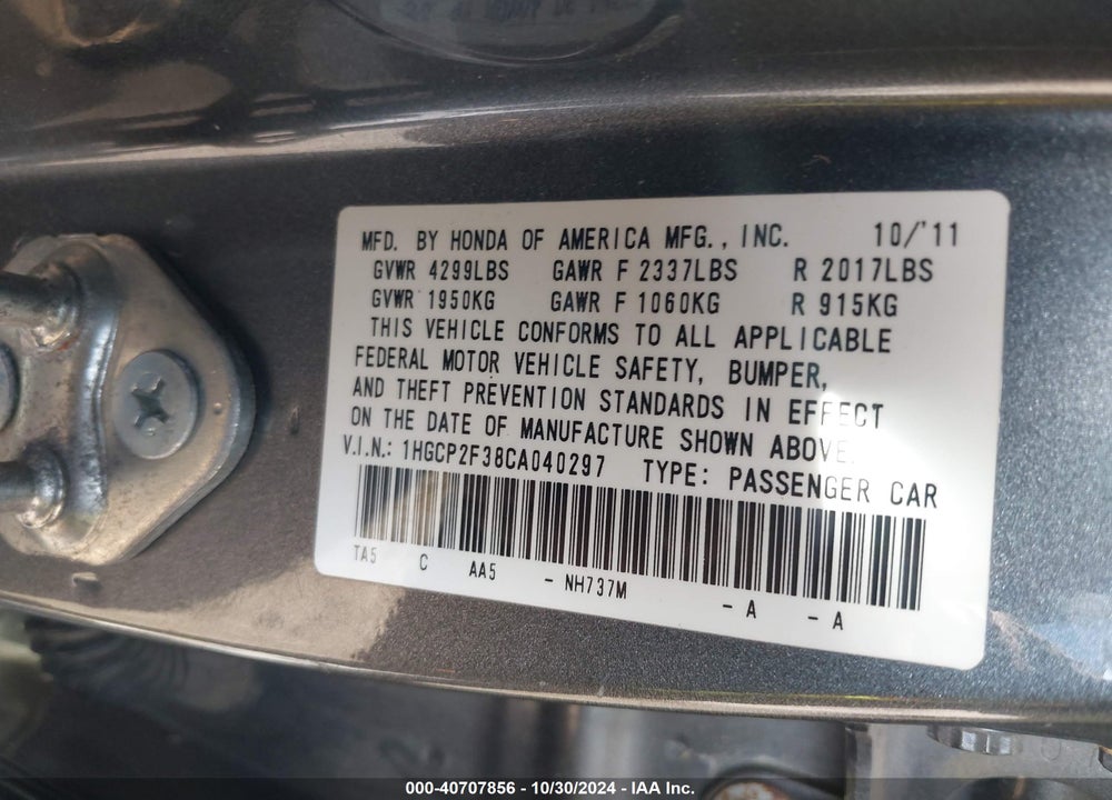 2012 HONDA ACCORD 2.4 LX VIN: 1HGCP2F38CA040297