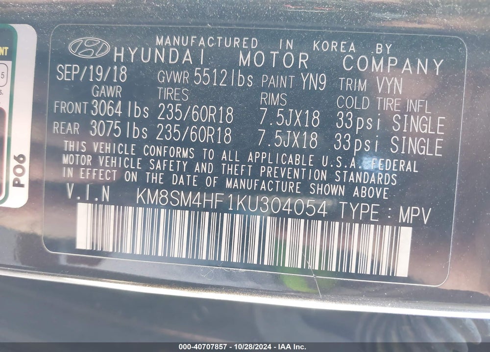 2019 HYUNDAI SANTA FE XL SE VIN: KM8SM4HF1KU304054
