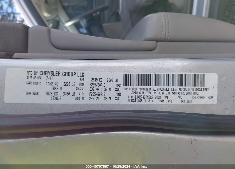2011 JEEP GRAND CHEROKEE LAREDO VIN: 1J4RR4GTXBC719031