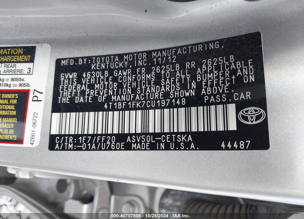 2012 TOYOTA CAMRY SE VIN: 4T1BF1FK7CU197148