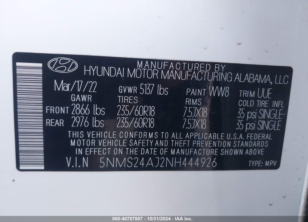 2022 HYUNDAI SANTA FE SEL VIN: 5NMS24AJ2NH444926