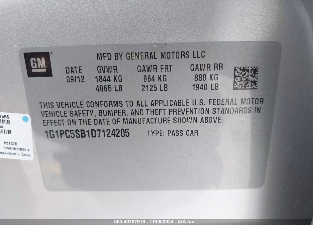 2013 CHEVROLET CRUZE 1LT AUTO VIN: 1G1PC5SB1D7124205