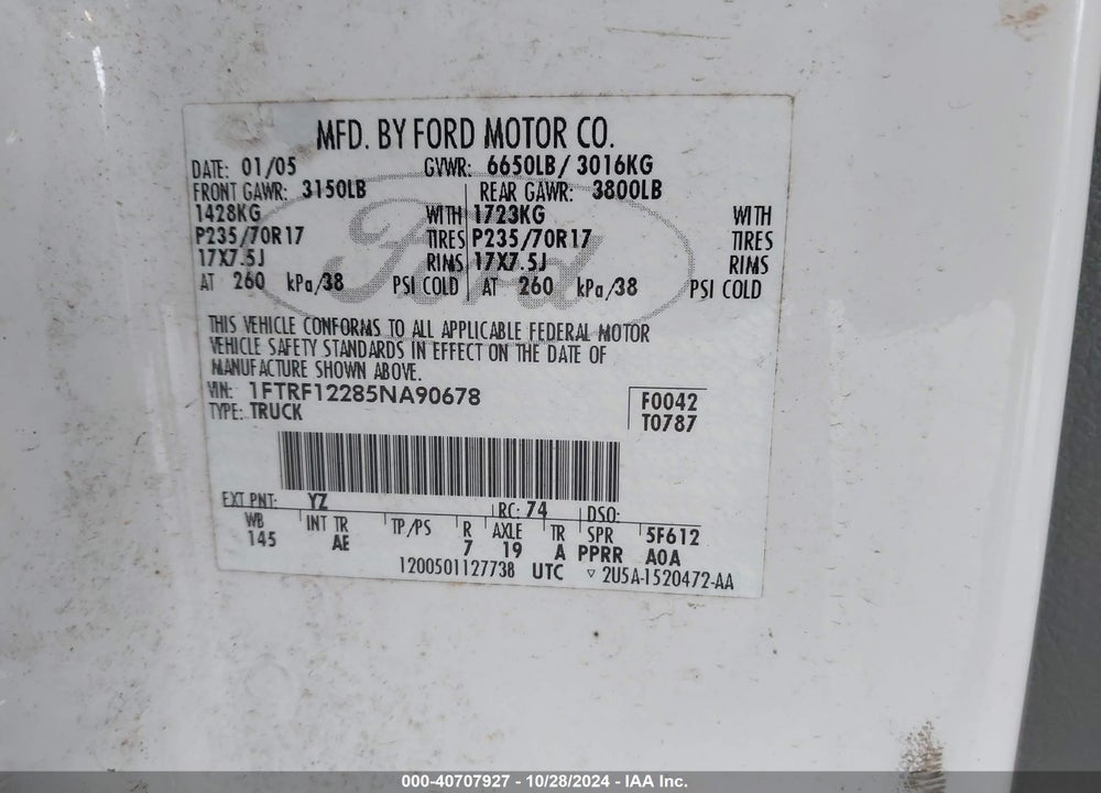2005 FORD F-150 STX/XL/XLT VIN: 1FTRF12285NA90678
