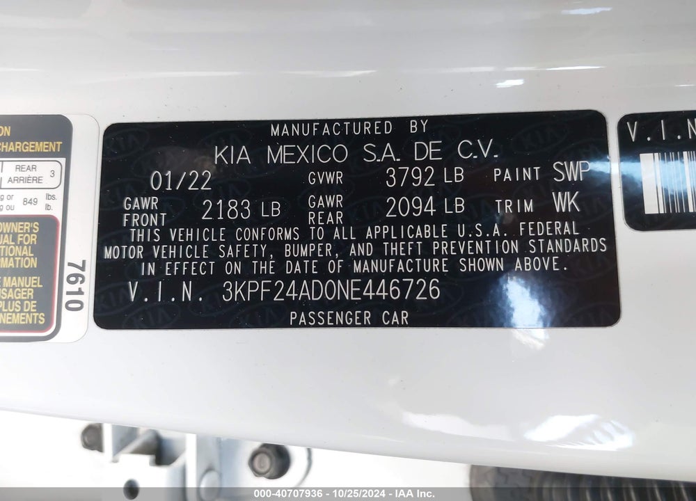 2022 KIA FORTE LXS VIN: 3KPF24AD0NE446726