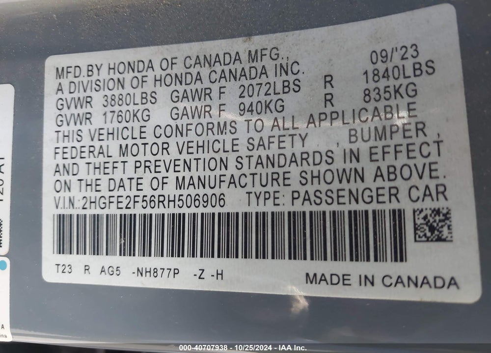 2024 HONDA CIVIC SPORT VIN: 2HGFE2F56RH506906