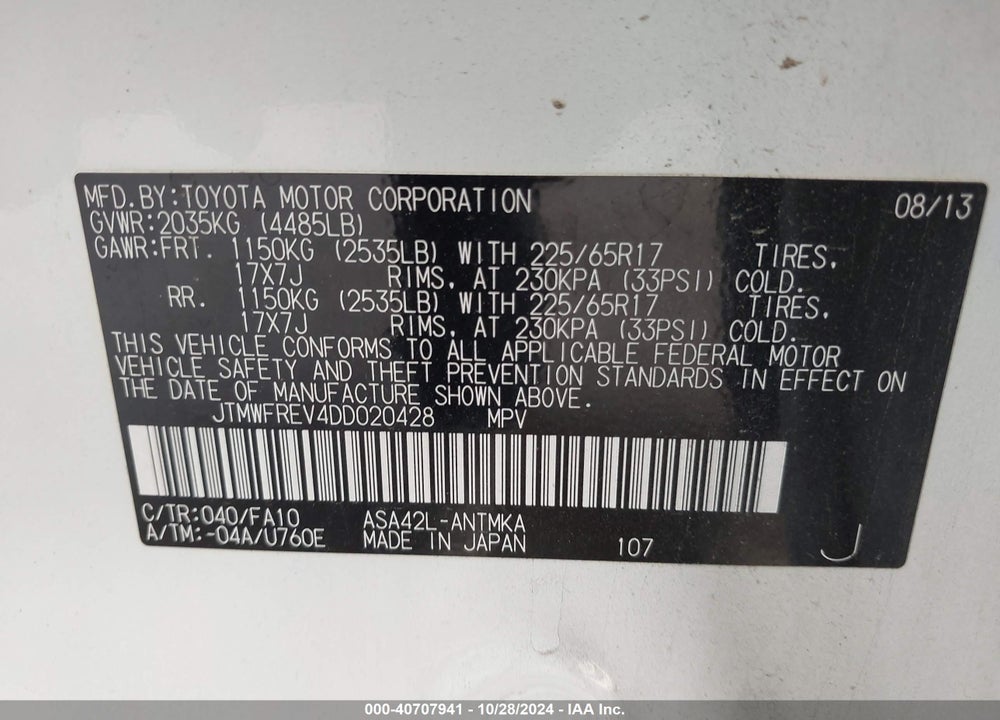 2013 TOYOTA RAV4 XLE VIN: JTMWFREV4DD020428