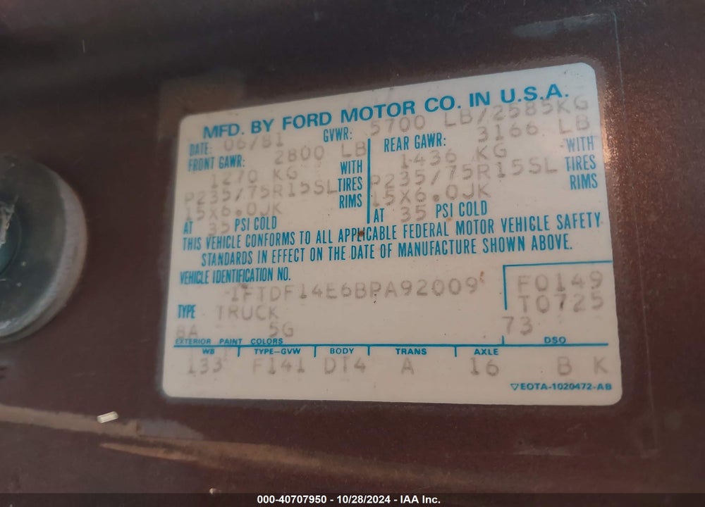 1981 FORD F150 VIN: 1FTDF14E6BPA92009
